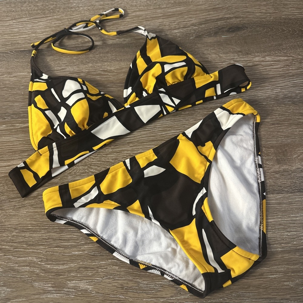 Sunsets Bikini Set Small Yellow Black Geometric Halter Top 2 Piece Swimsuit S